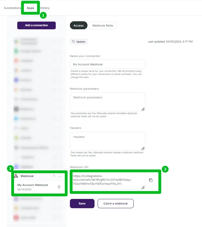 Adding a webhook as a new connection from the Apps list in the My Integrations section of your Selzy account