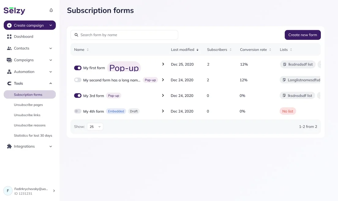 Pop-up signup forms