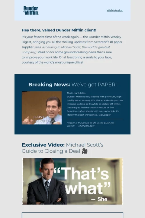 Dunder Mifflin video email template for weekly digest