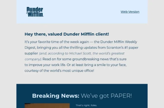 Dunder Mifflin Weekly Digest email template for desktop