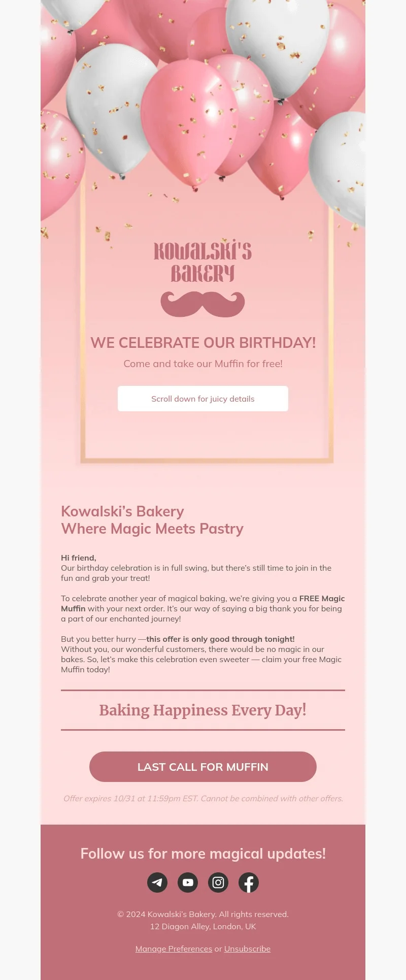 Kowalski’s Magical Bakes email template for desktop