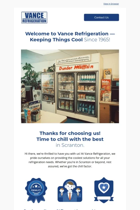 Vance Refrigeration welcome email template