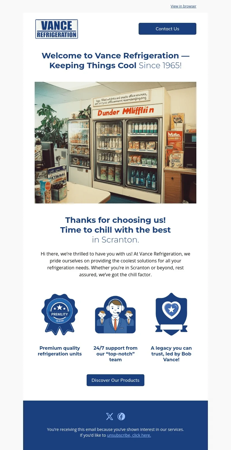 Vance Refrigeration email template for desktop
