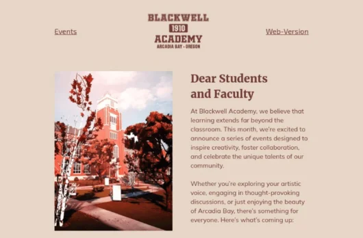 Blackwell Academy email template for desktop