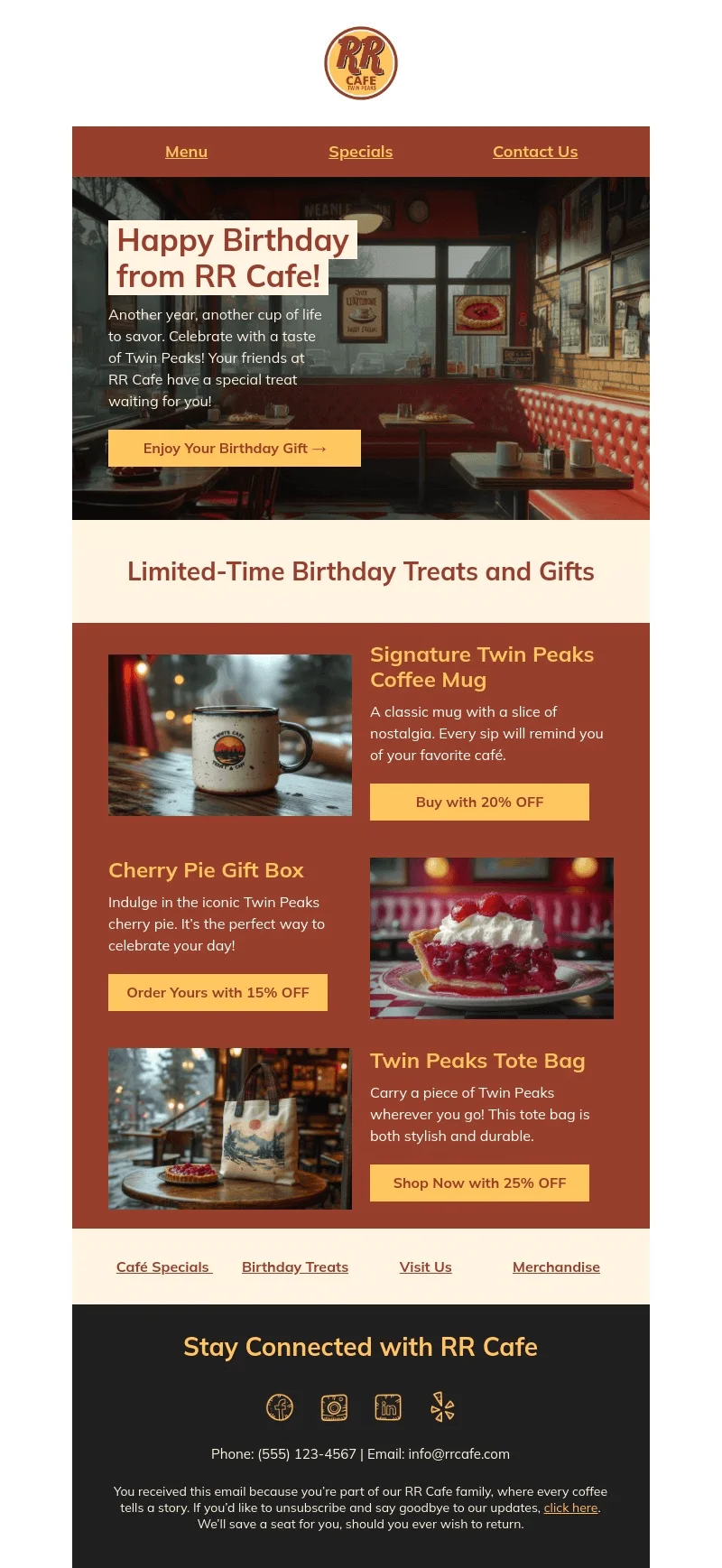 RR Cafe email template for desktop