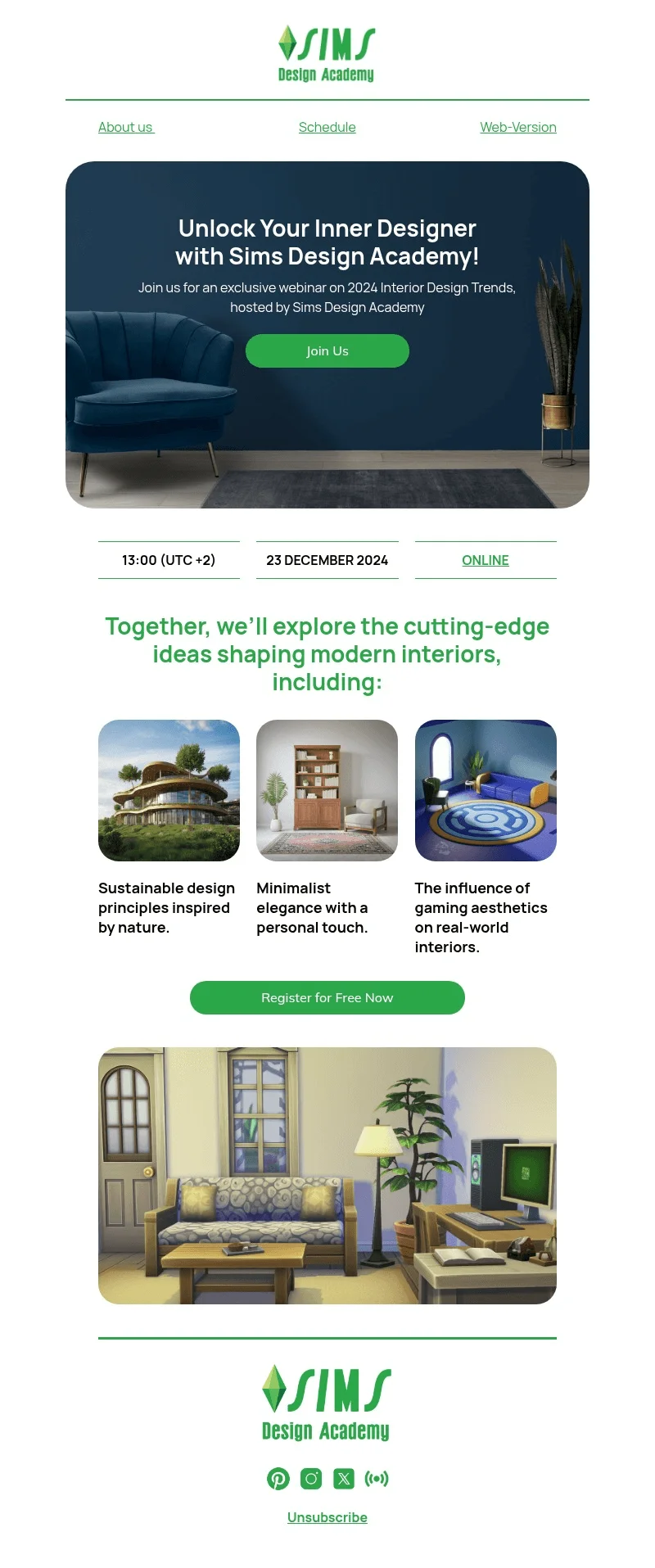 Sims Design Academy email template for desktop