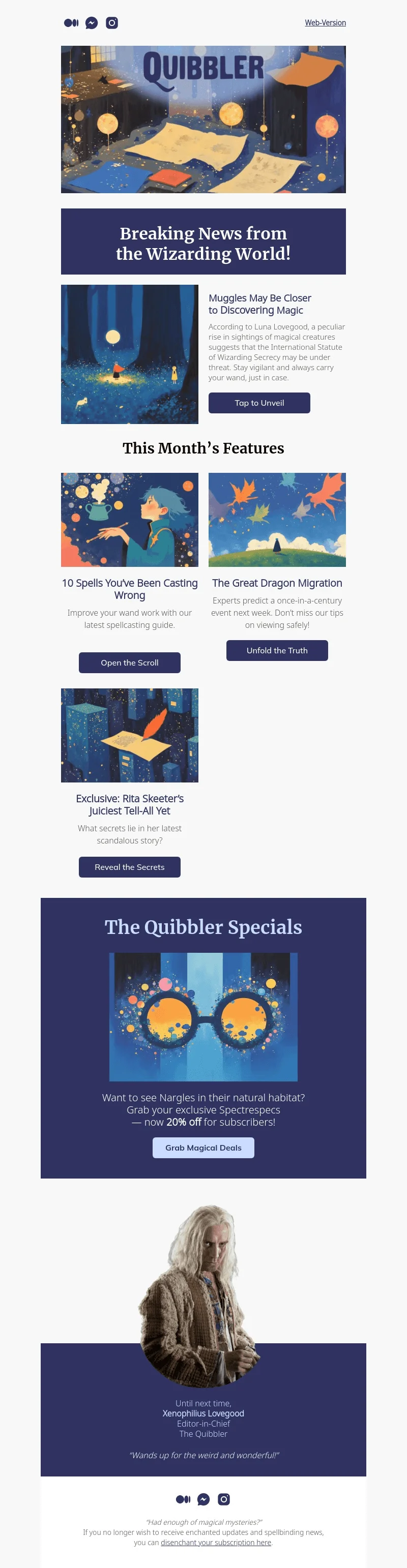 The Quibbler email template for desktop