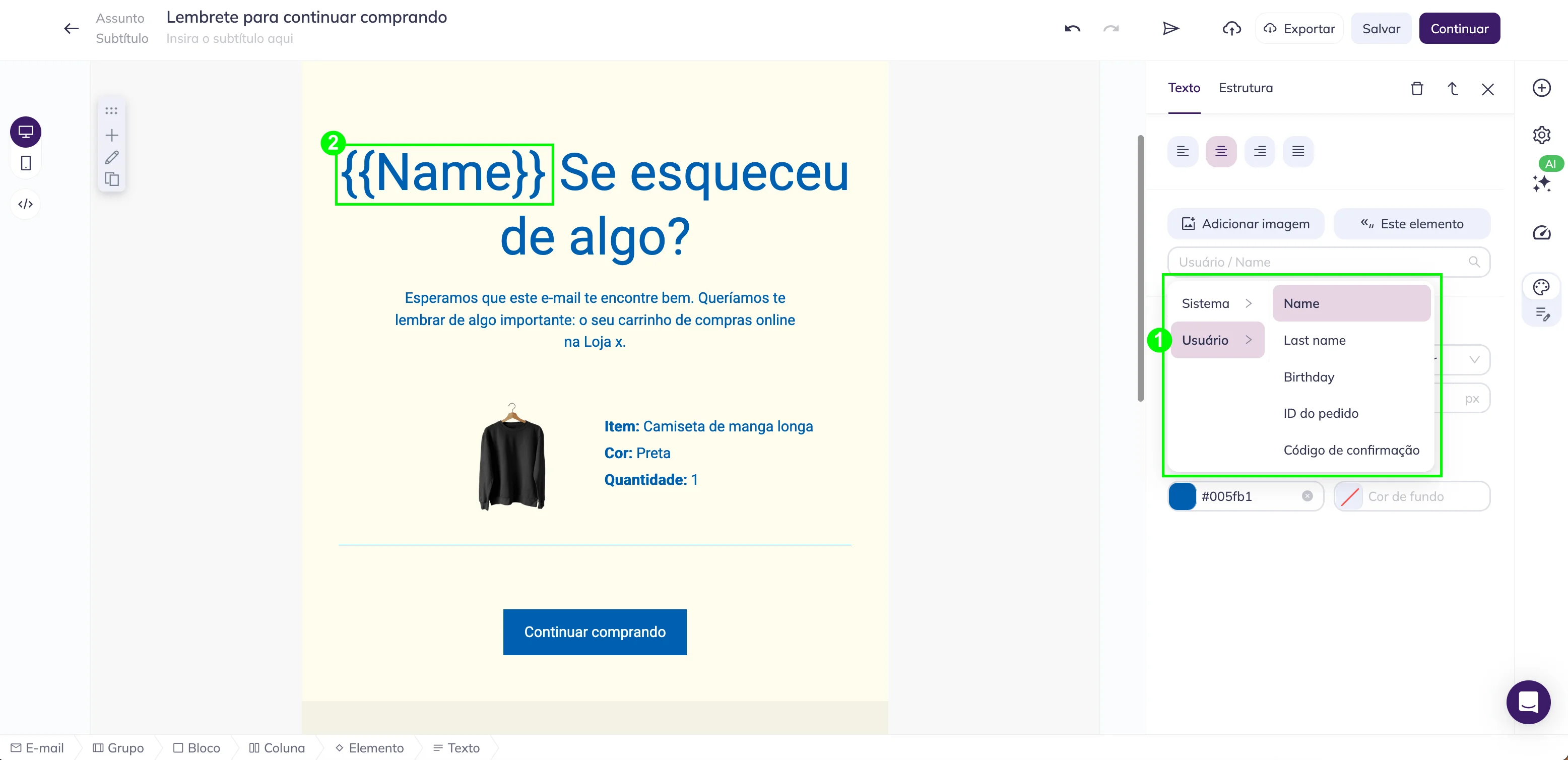 Um exemplo de merge tags em um e-mail. 
