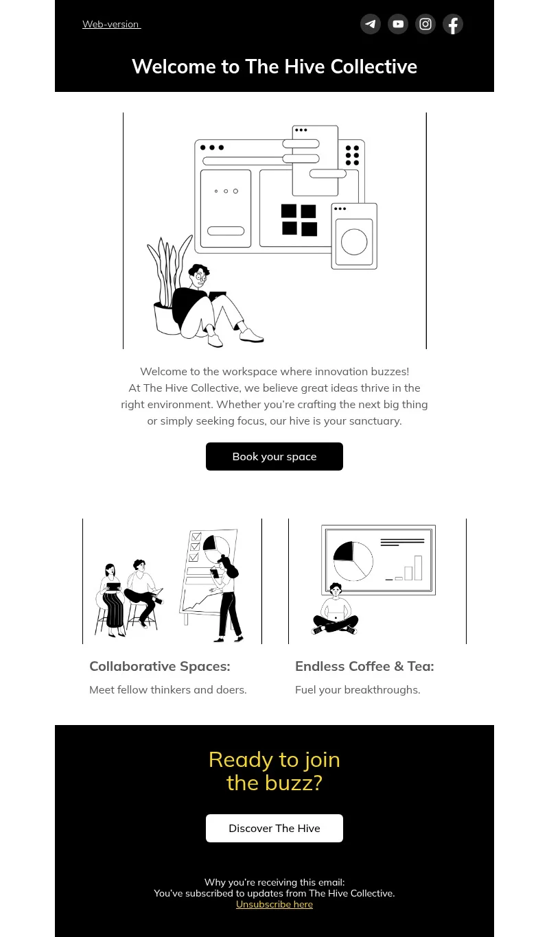 Hive Coworking email template for desktop