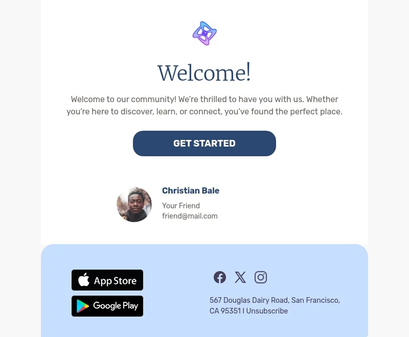 Welcome email template for desktop