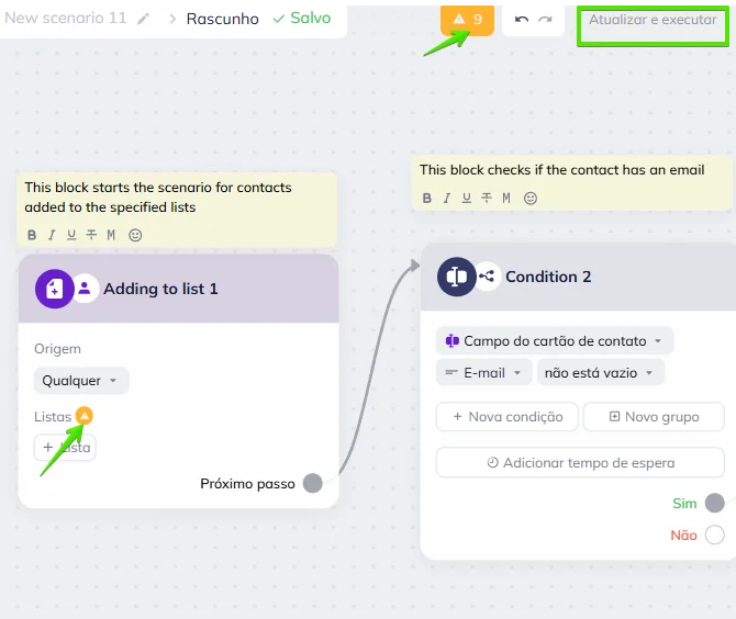 Devido a 9 erros no cenário, o botão "Atualizar e executar" está desativado. 