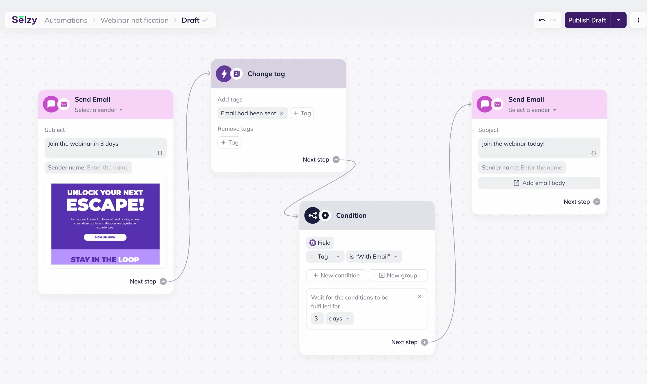 Email automation workflow in Selzy