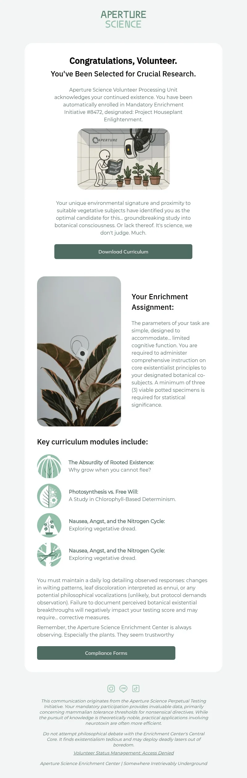 Aperture Science email template for desktop