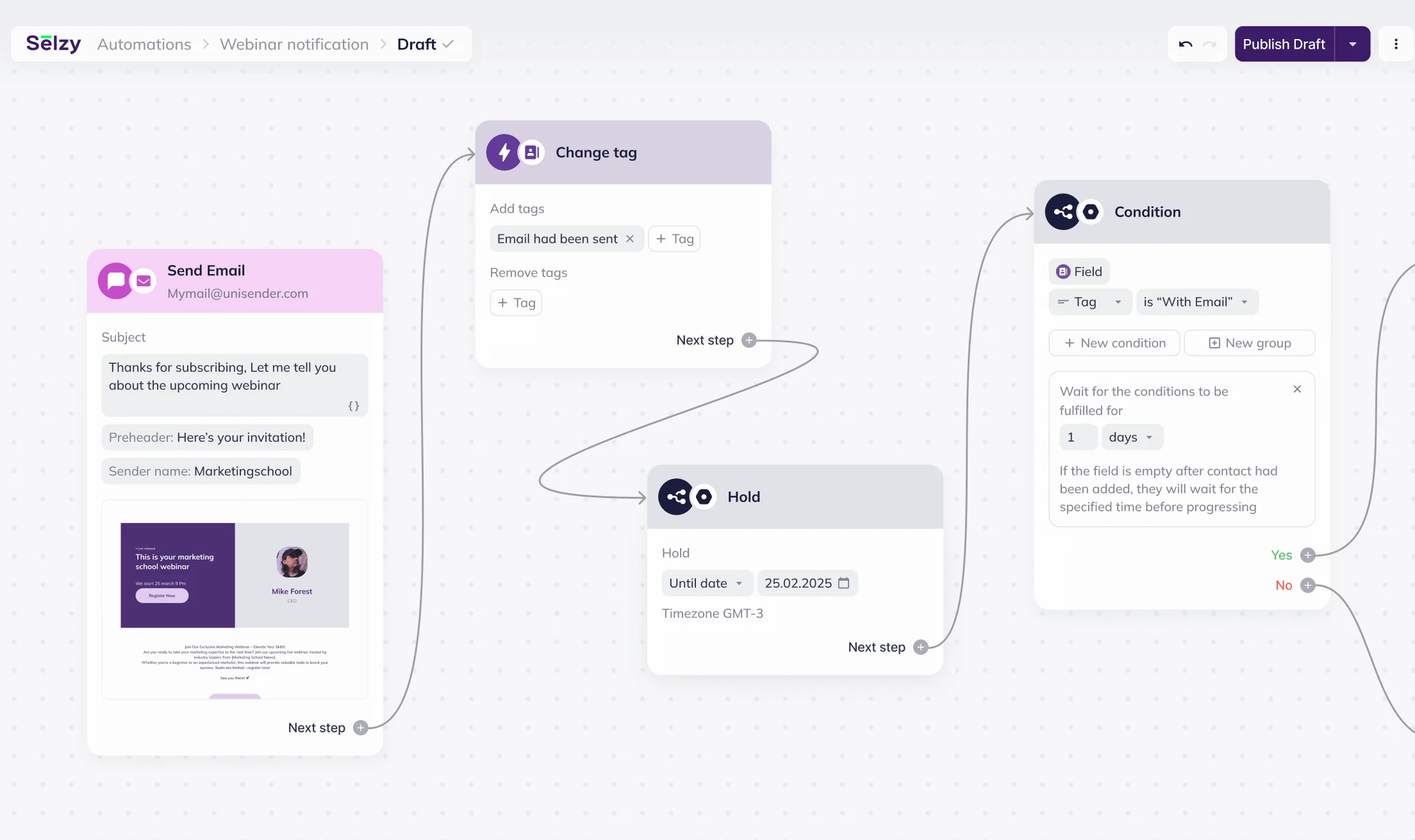 Email automation sequence in the Selzy visual builder