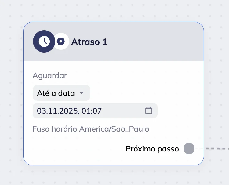 O bloco de atraso no espaço de trabalho do cenário omnichannel da Selzy com a opção “Até a data”. Ele está configurado para manter o cenário até 12 de novembro de 2025, às 00:30.