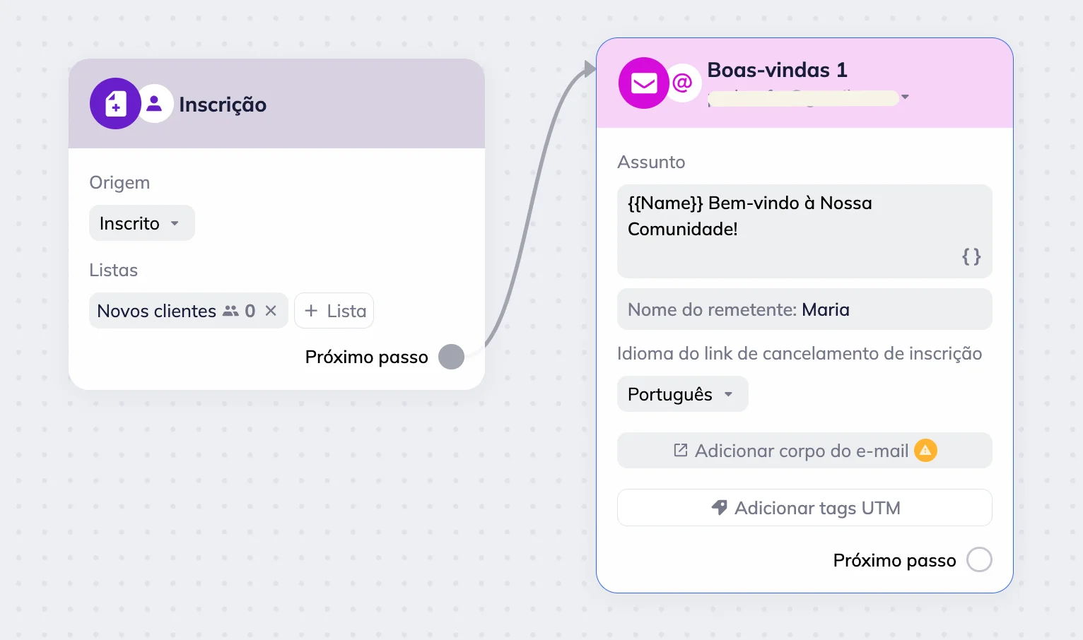 Área de trabalho do editor de cenários da Selzy mostrando o bloco de gatilho intitulado “Cadastro” e o bloco de e-mail intitulado “Boas-vindas 1”, com a linha de assunto “Nome, bem-vindo à nossa comunidade!”, o nome do remetente “Maria” e o botão “Adicionar corpo do e-mail”. 