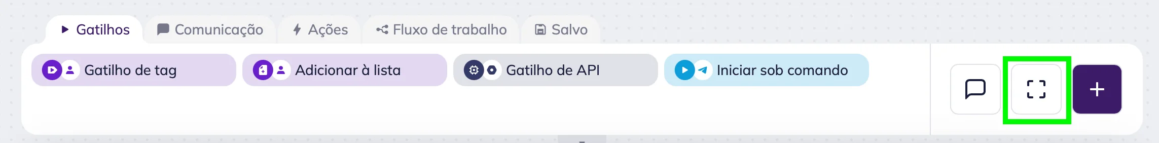 Barra de ferramentas do construtor de automação omnichannel da Selzy. O ícone do Quadro à direita está destacado em verde.