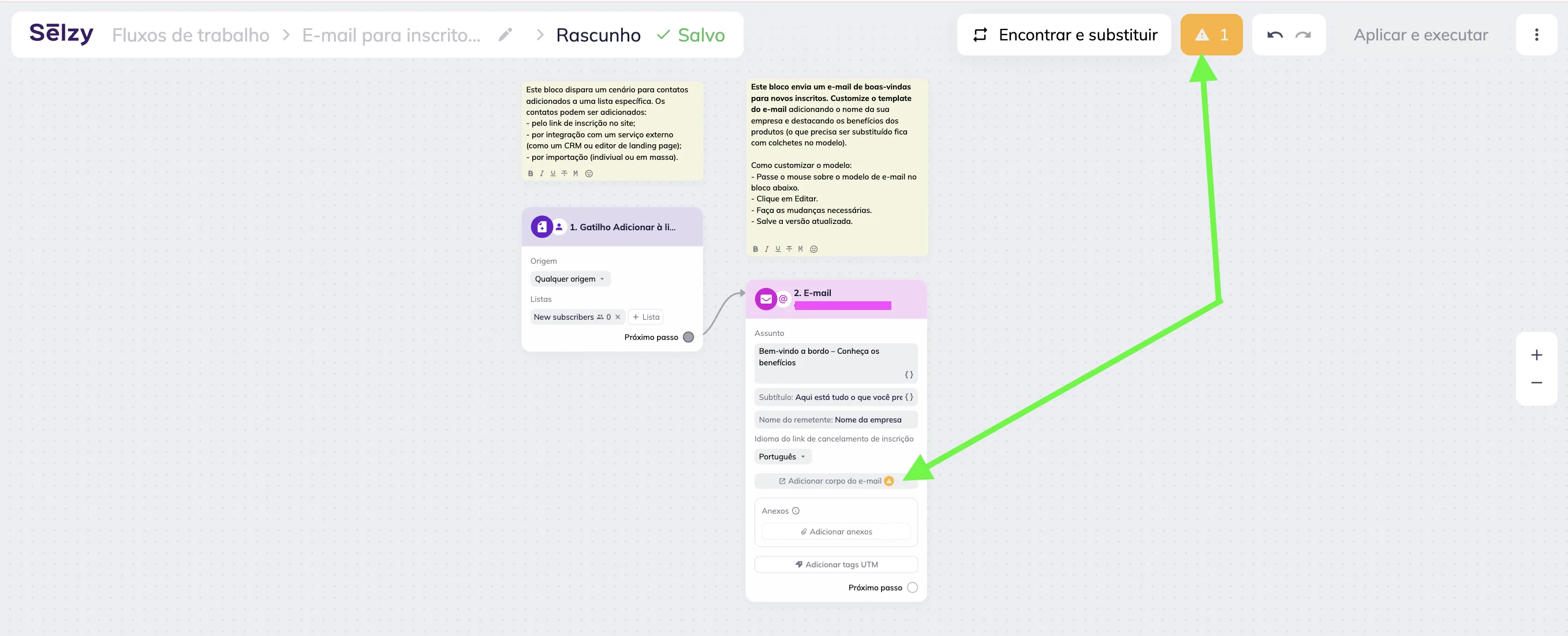 Área de trabalho do editor de cenários da Selzy com três blocos e um botão amarelo com o número de erros no menu superior. No bloco de e-mail, os campos vazios estão marcados com círculos amarelos indicando erros. 
