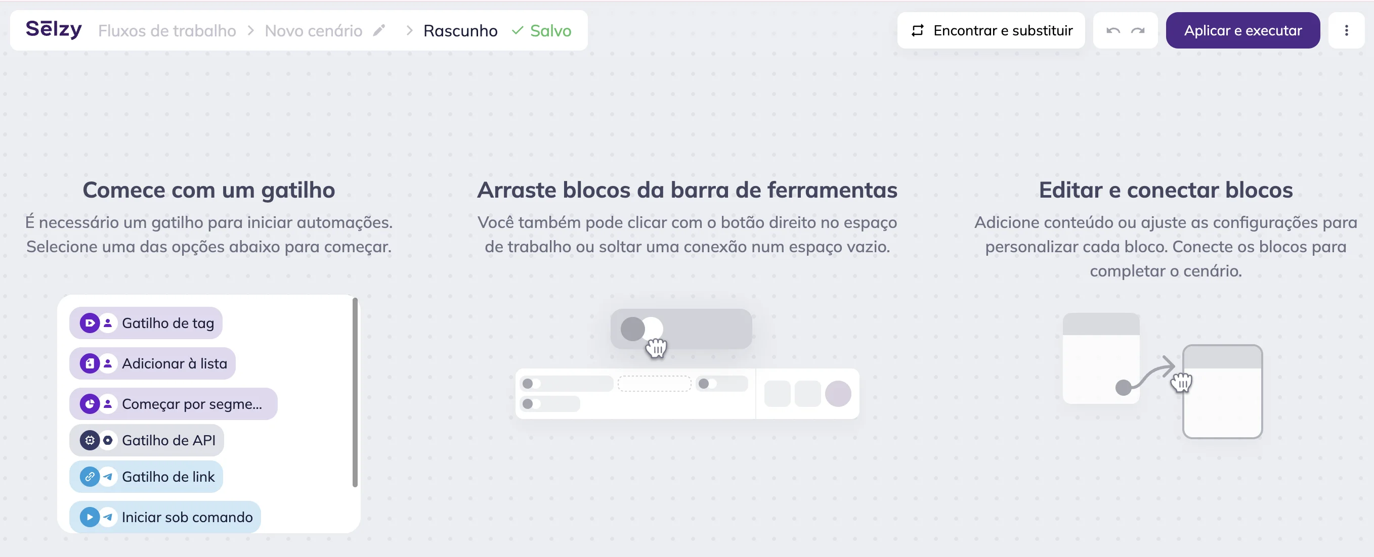 Editor visual de cenário da Selzy com um guia passo a passo. A interface destaca as opções de gatilho (Gatilho de adicionar à lista, Gatilho de API, Início por comando), mostradas tanto no guia quanto na barra de ferramentas. 