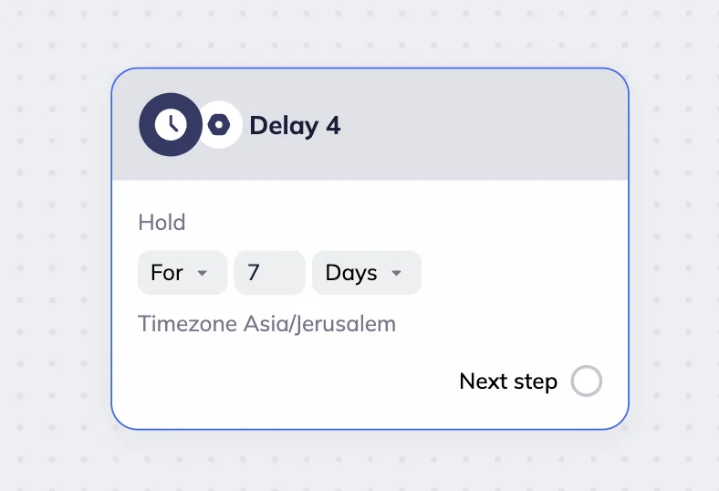The delay block in Selzy’s omnichannel scenario workspace with the “For” setting. It is set to hold the scenario for 7 days. 