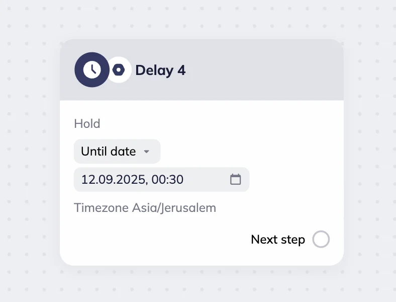 The delay block in Selzy’s omnichannel scenario workspace with the “Until date” option. It is set to hold the scenario until September 12, 2025, 00:30 