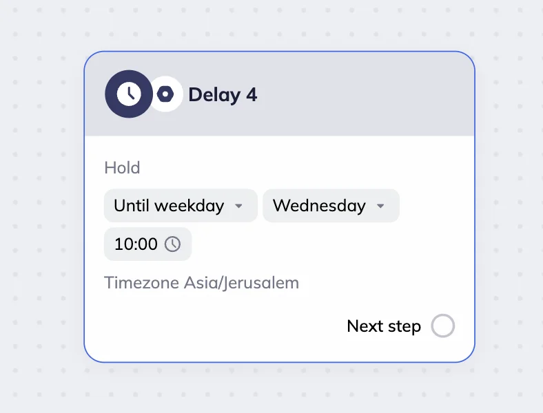 The delay block in Selzy’s omnichannel scenario workspace with the “Until weekday” option. It is set to hold the scenario until Wednesday at 10:00. 