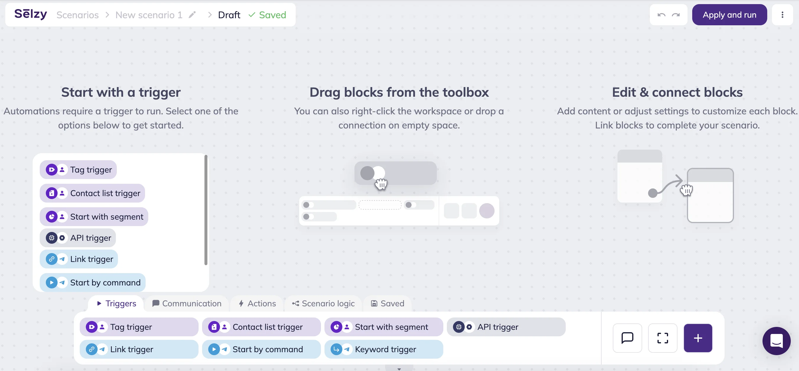 Selzy’s visual scenario editor with a step-by-step guide. The interface highlights trigger options (Contact list trigger, API trigger, Start by command), shown both in the guide and in the toolbox. 