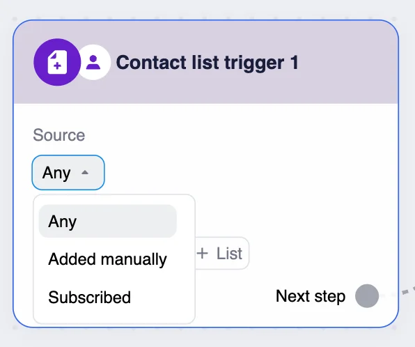 Contact list trigger block in Selzy’s omnichannel scenario workspace with the “Any” set as a source and a dropdown list of sources.