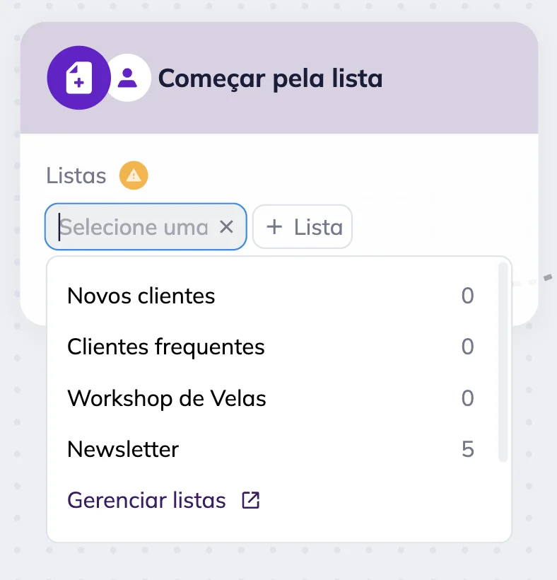 Bloco “Começar pela lista” no editor de cenários omnichannel da Selzy’s com o menu dropdown de listas aberto. 