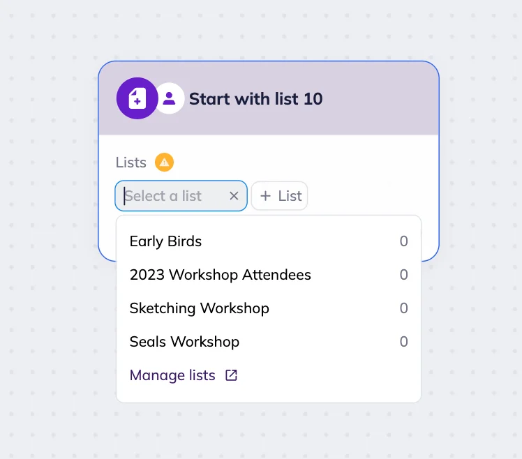 “Start with list” trigger block in Selzy’s omnichannel scenario workspace with list selection dropdown menu.