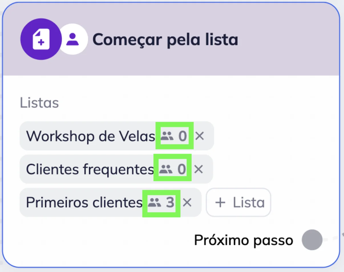 Bloco “Começar pela lista” no editor de cenários omnichannel da Selzy com algumas listas de contatos já selecionadas e seus respectivos números de inscritos em cada um. 