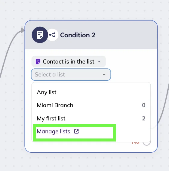 Dropdown menu for the Selzy scenario editor’s Condition block with contact lists selection. List includes: “Any list, “My first list”, and “Manage lists” button. 