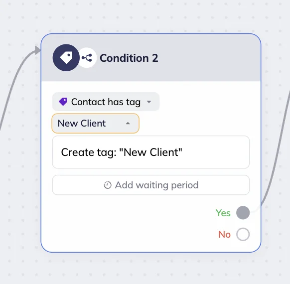 Selzy scenario editor’s Condition block with “Contact has tag” check. The selected tag is called “New client”, and the command “Create tag: New client” appears below. 