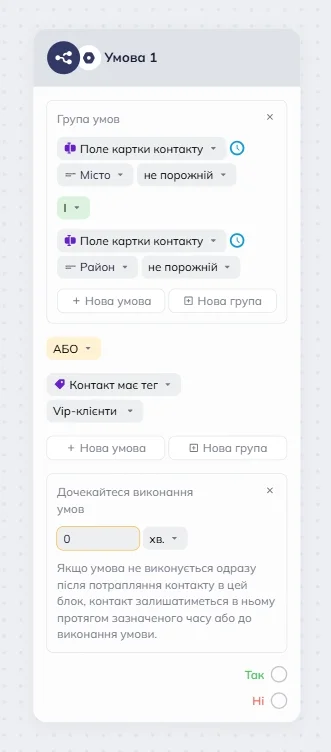 Блок Умова в робочій області редактора сценаріїв Selzy. Він показує поле “Група умов”. Група включає перевірку картки контакту “Місто дорівнює Маямі” та “Район дорівнює Саус-Біч”. Додаткова проста умова — “Контакт має тег VIP-клієнти”. 