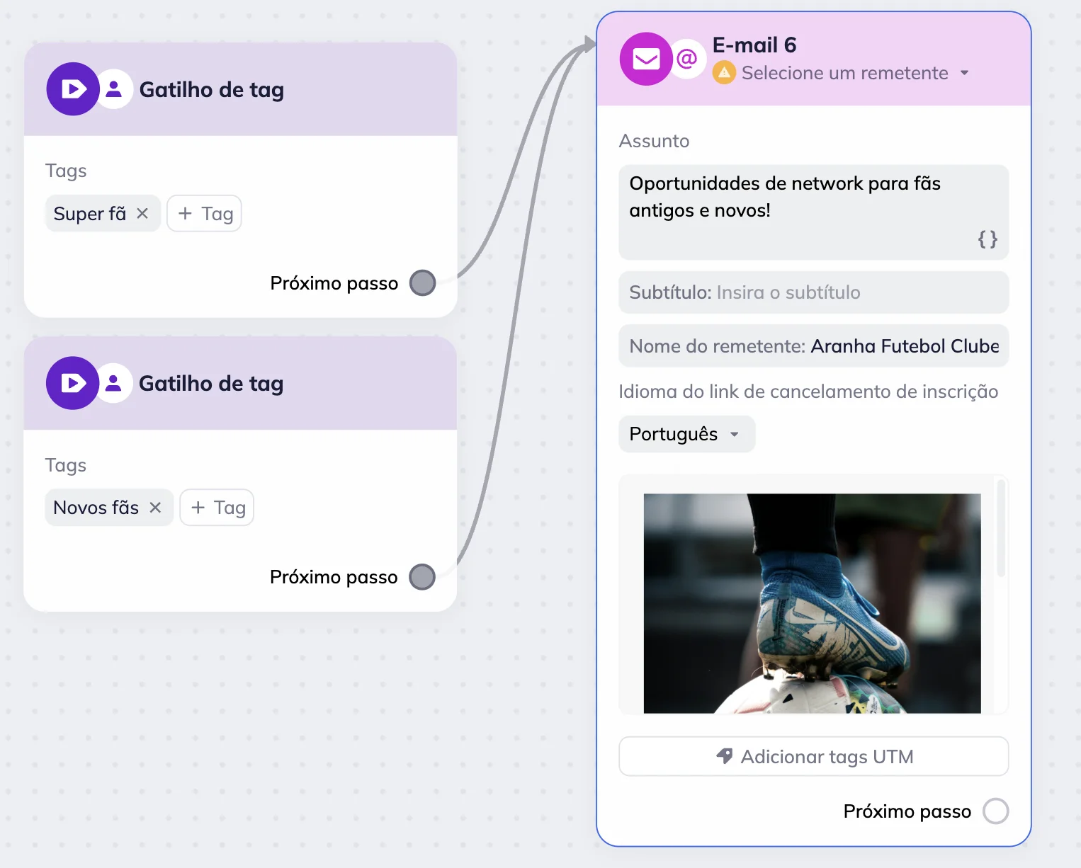 Editor de cenários da Selzy com o bloco de Gatilho de Tag. Um bloco está usando a tag “Super Fãs”, o outro usa a tag “Novos fãs”. Os dois estão conectados ao bloco de E-mail com o assunto “Oportunidades de network para fãs antigos e novos!”. 