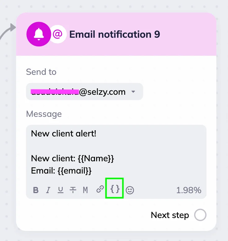 Selzy scenario editor’s Email Notification block with the merge tags icon highlighted.