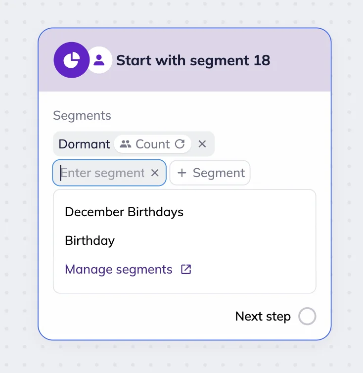 The Segment trigger block in the Selzy scenario editor’s workspace with segment dropdown menu 