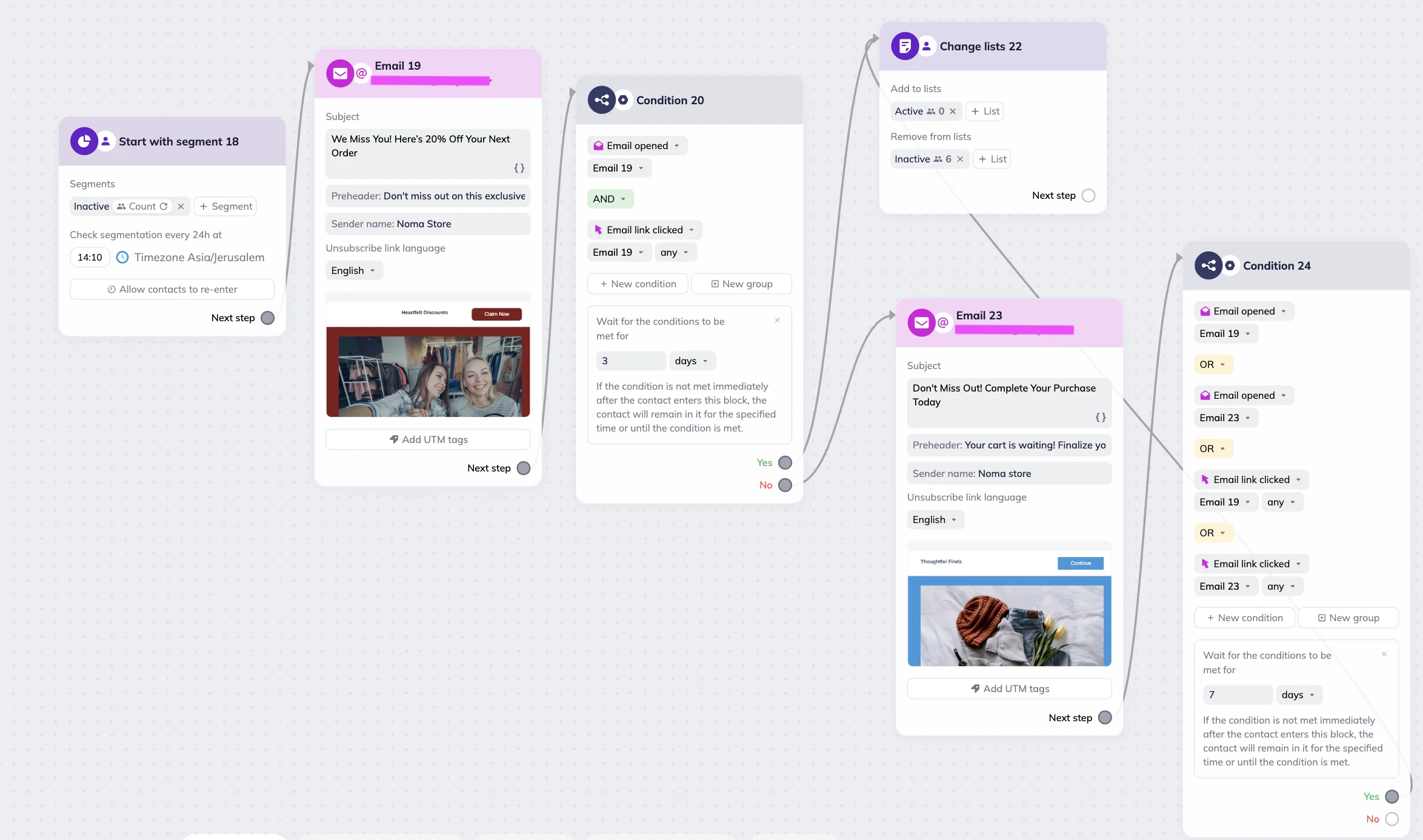 Win-back email campaign scenario in Selzy’s visual scenario editor