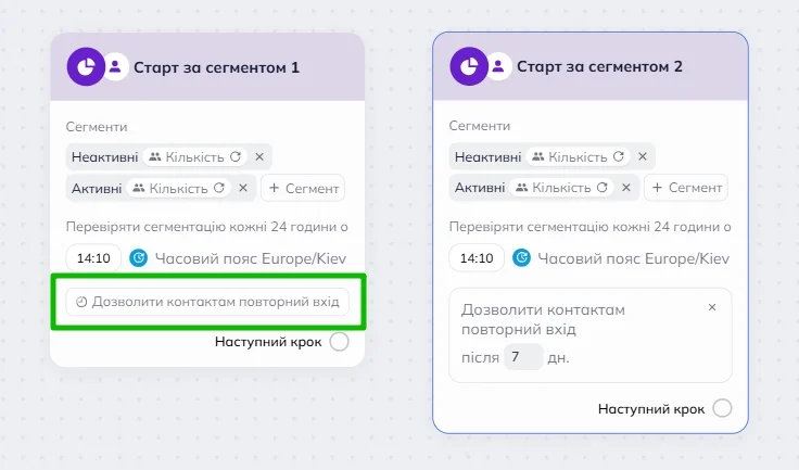 Блоки “Старт за сегментом” у робочій області редактора сценаріїв Selzy з виділеною кнопкою “Дозволити контактам повторний вхід”