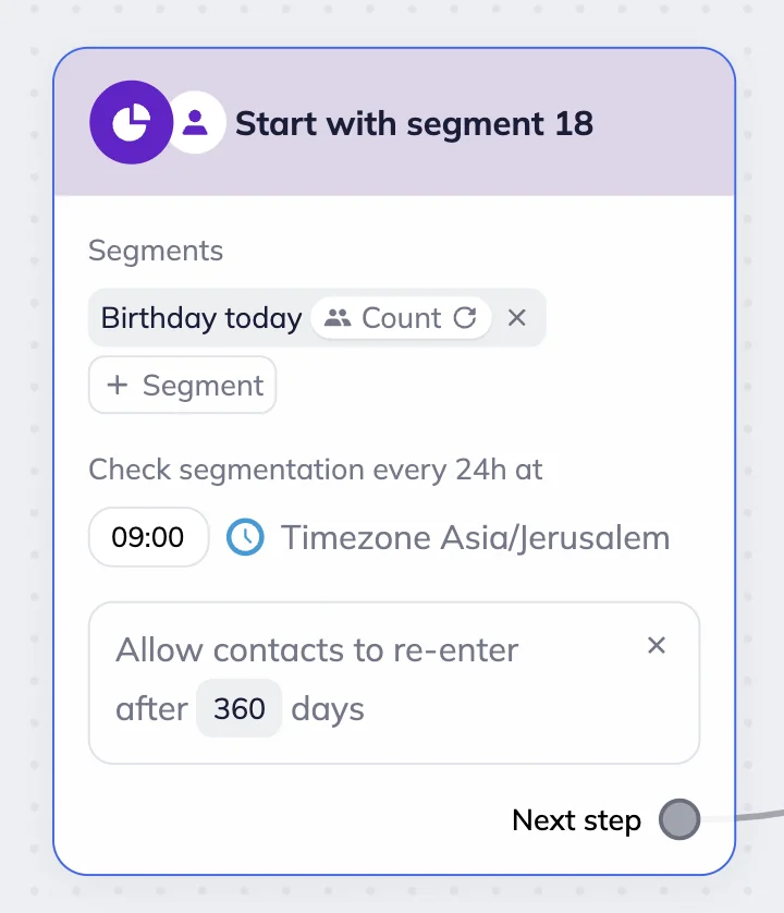 Segment trigger block in the Selzy scenario editor’s workspace showing “Birthday today” segment and time settings 