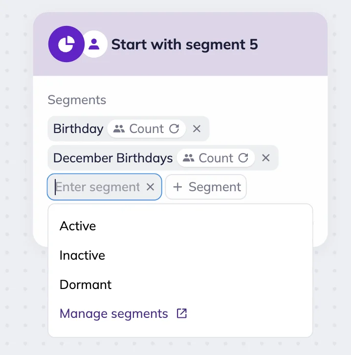 The Segment trigger block in the Selzy scenario editor’s workspace with segment dropdown menu