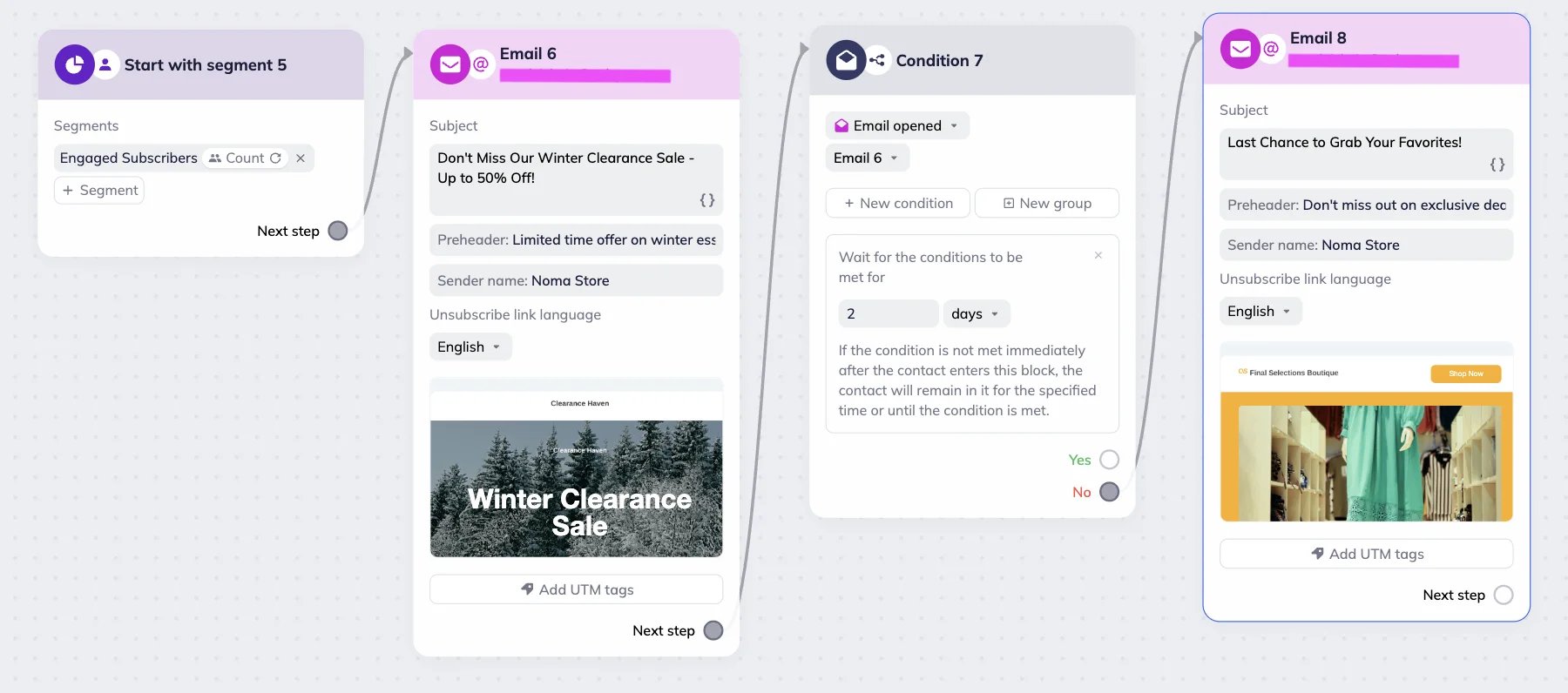 Seasonal sale scenario in Selzy’s visual scenario editor 