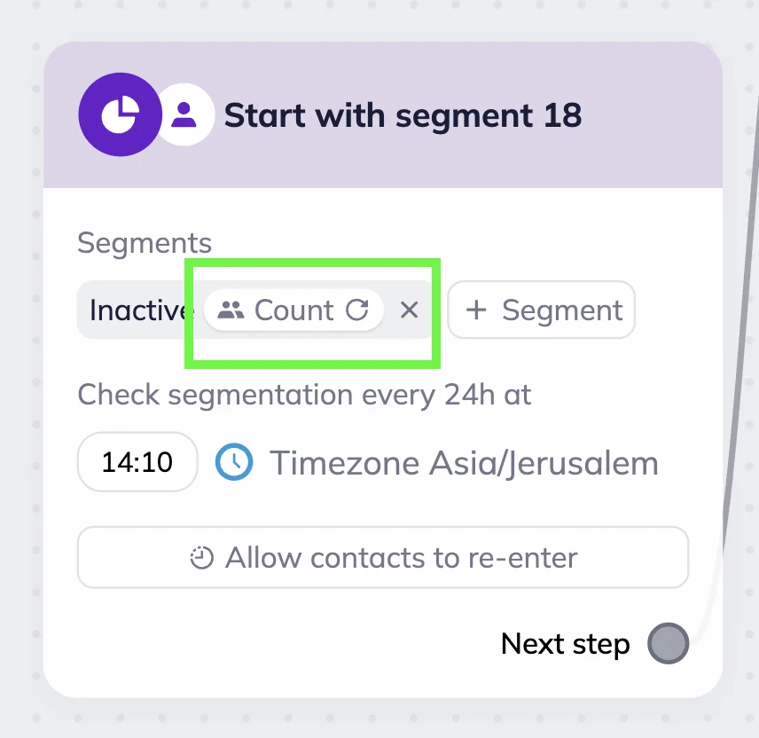 Segment trigger blocks in the Selzy scenario editor’s workspace with “Count” button highlighted 