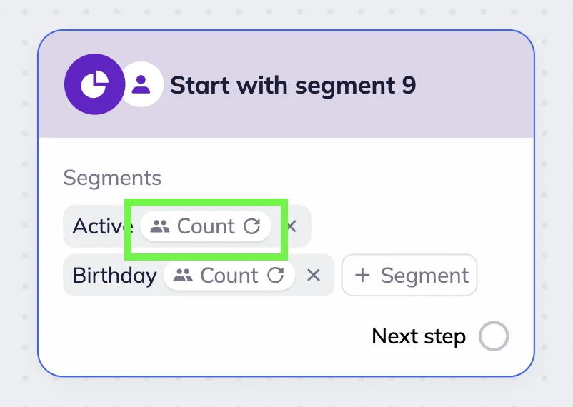 Segment trigger blocks in the Selzy scenario editor’s workspace with “Count” button highlighted 