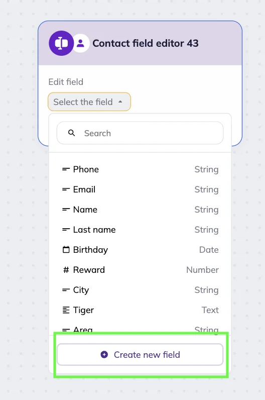 Contact field editor block in Selzy’s omnichannel scenario workspace with a dropdown list of custom fields. 