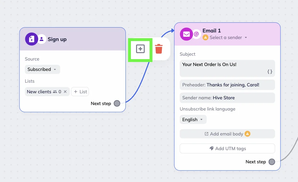 Selzy scenario editor’s workspace showing a two connected blocks with the “Add block” icon in between 