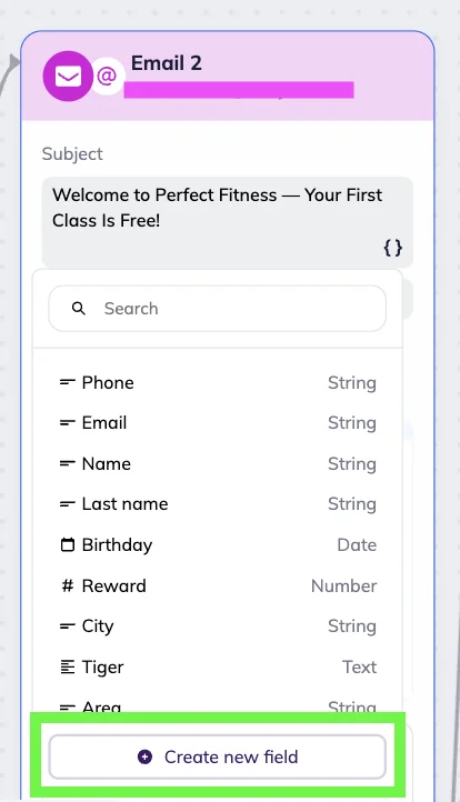 The Email block’s custom field dropdown menu in the in Selzy’s scenario editor 