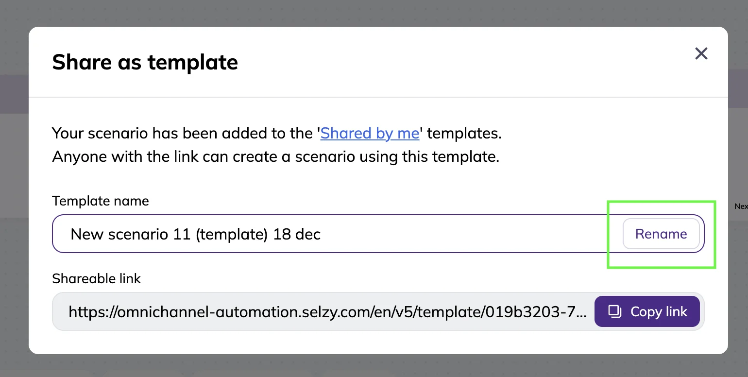 “Share as a template” pop-up window with template name and shareable link 