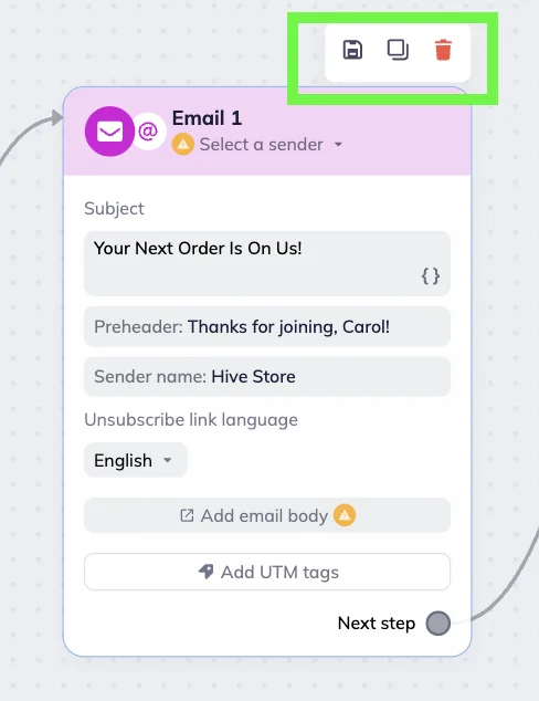 Selzy scenario editor’s workspace showing the Email block with the action bar on top 