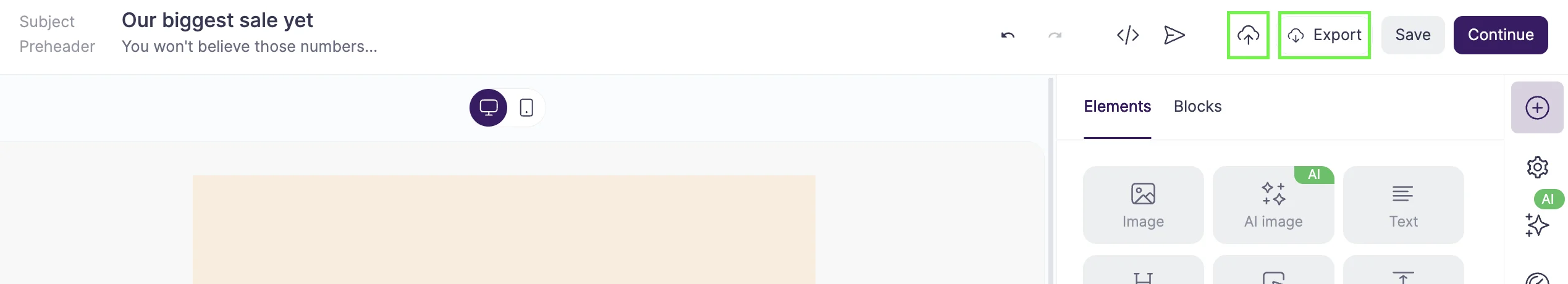 A screenshot of the Topbar menu bar in Selzy’s builder with “Export” and “Import” buttons. 